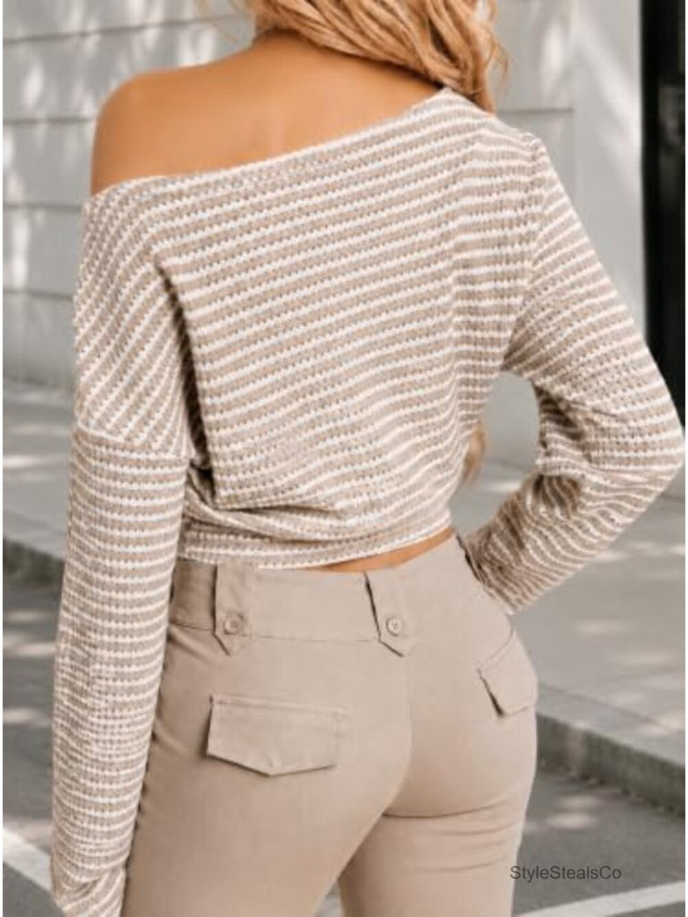 Off Shoulder Striped Knit Crop Top Long Sleeve Cinched Waist - Picture 2 of 5